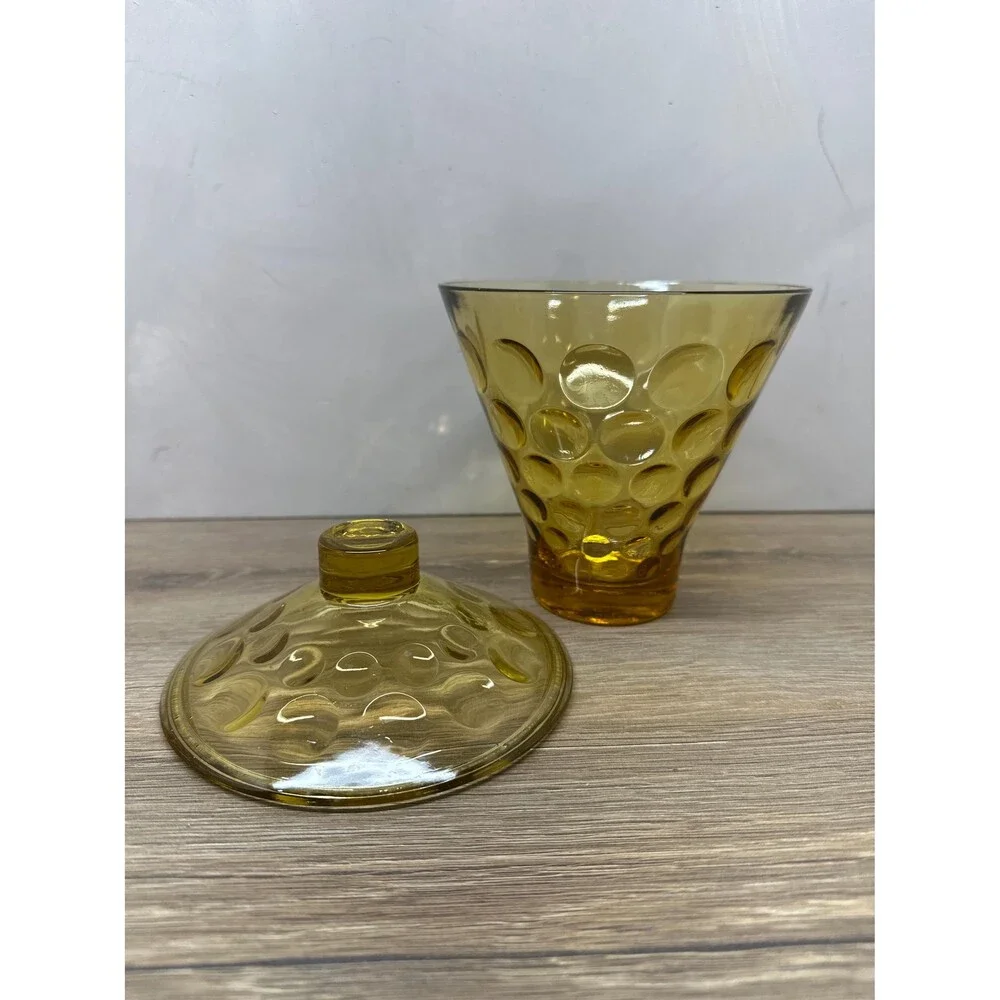 Vintage 1960s Hazel Atlas Eldorado Amber Glass Covered Candy Dish, Coin Dot Text